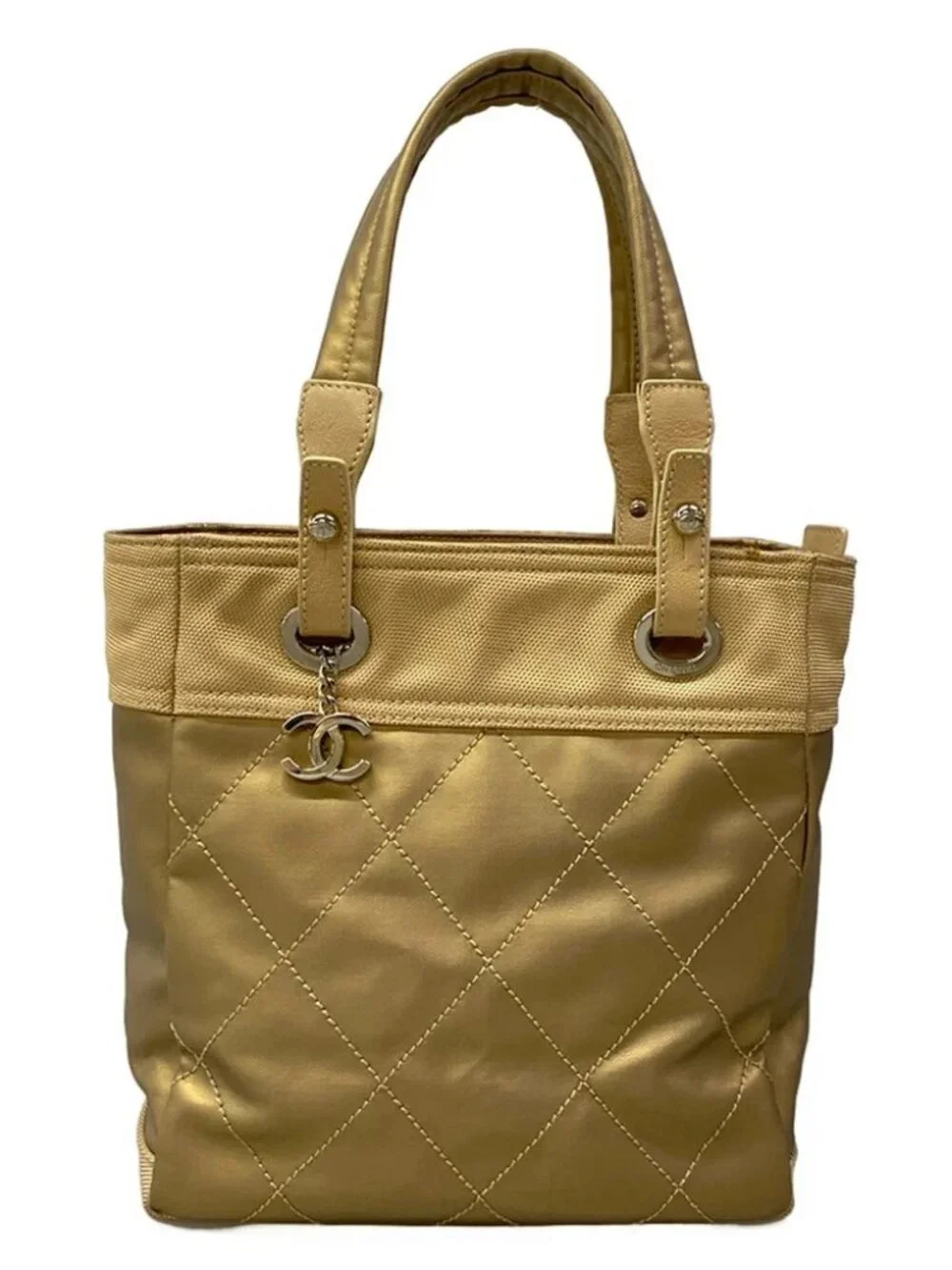 CHANEL Paris Biarritz Tote PM A34208 Gold Coated Canvas Nylon Leather Tote Bag